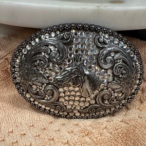 Vintage Silver Horse Motif Rhinestone belt buckle